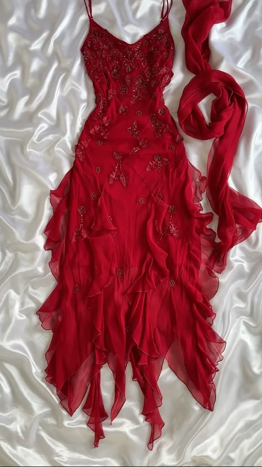Sexy Mermaid Spaghetti Straps Red Chiffon Tea Length Prom Dresses Inspiration Party For Womens Formal Dress RB8720