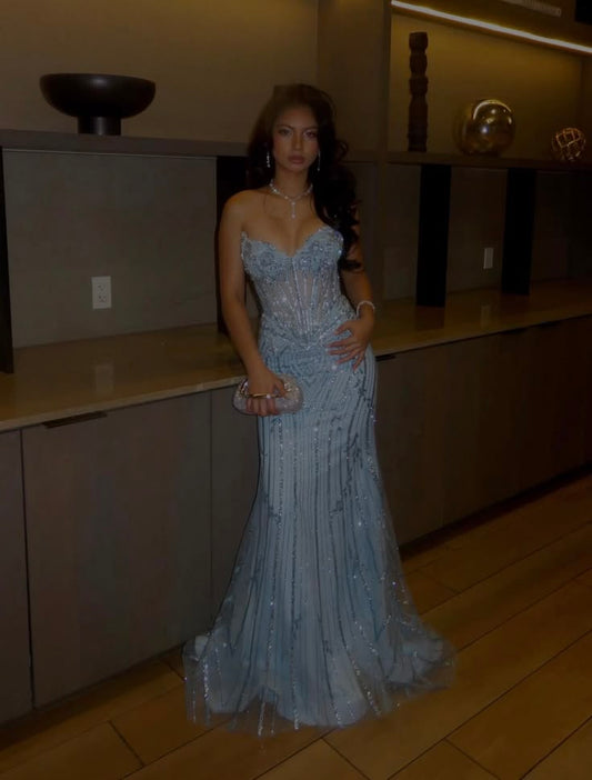 Sparkly Mermaid Sweetheart Light Sky Blue Sequined Long Prom Dress Inspiration Party For Womens Formal Dresses RB8698