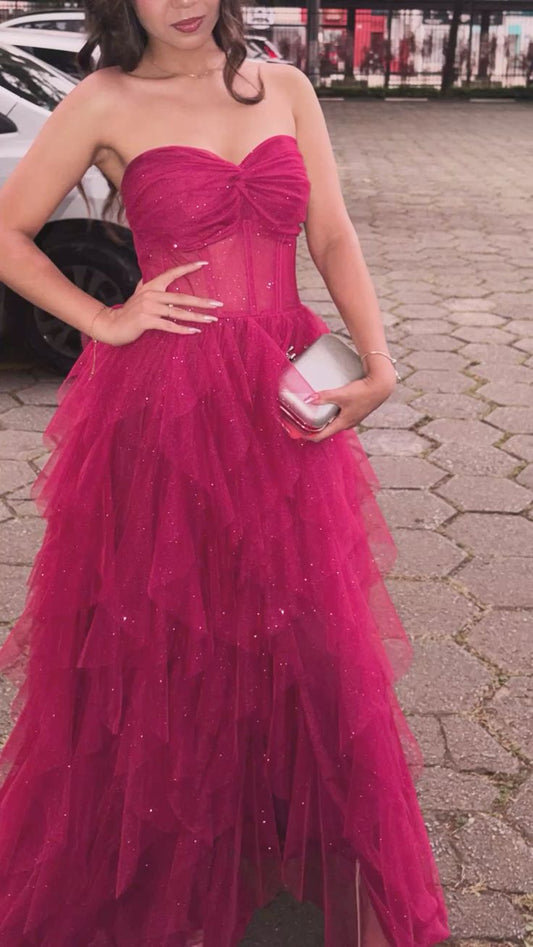 Ball Gown Sweetheart Tulle Hot Pink Long Prom Dress Inspo Party For Teens Girls Formal Gown RB8687