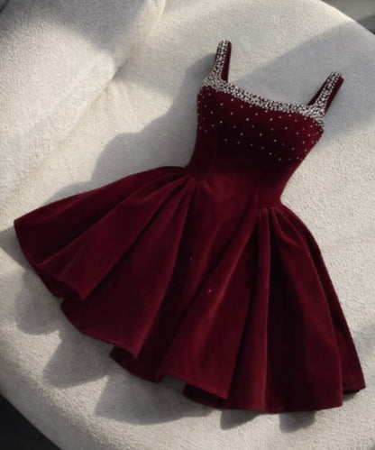 Vintage Ball Gown Square Neck Burgundy Velvet Short Birthday Dress Homecoming Dresses Inspo Cocktail Hoco Outfits RB8708