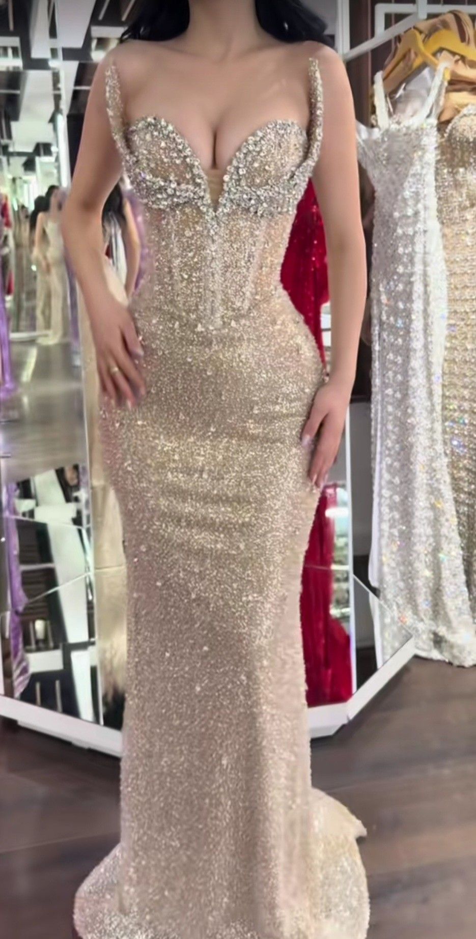 Glitzer-Bodycon-Champagner-lange Abschlussballkleider Meerjungfrauen-Bodycon für Damen N4109