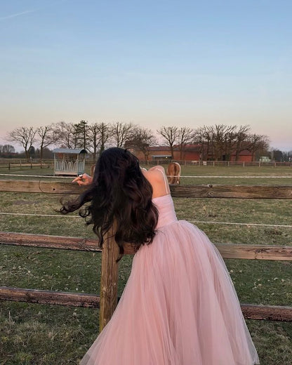 Schlichtes, rosa Tüll-Abendkleid in A-Linie mit Spaghettiträgern für Teenager, festliches Kleid, Party-Outfit, Ballkleid AB1048