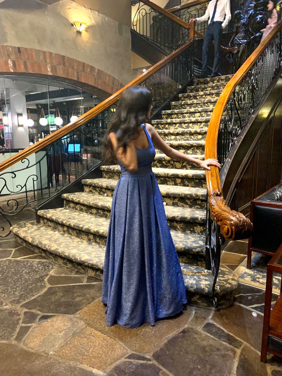 Glänzendes, blaues, rückenfreies Pailletten-Abendkleid mit A-Linien-Schnitt, eckigem Ausschnitt und für Teenager – formelles Abendkleid, Partykleid, Ballkleid AB1038