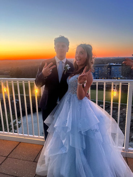 Elegantes Ballkleid mit V-Ausschnitt, hellblau, aus Tüll und Spitze, für Teenager, festliche Anlässe, Partys, Abiballkleider AB1042