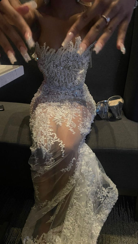 Glitzer-Bodycon-Champagner-Trägerloses langes Ballkleid Meerjungfrau-Bodycon für Frauen N4110