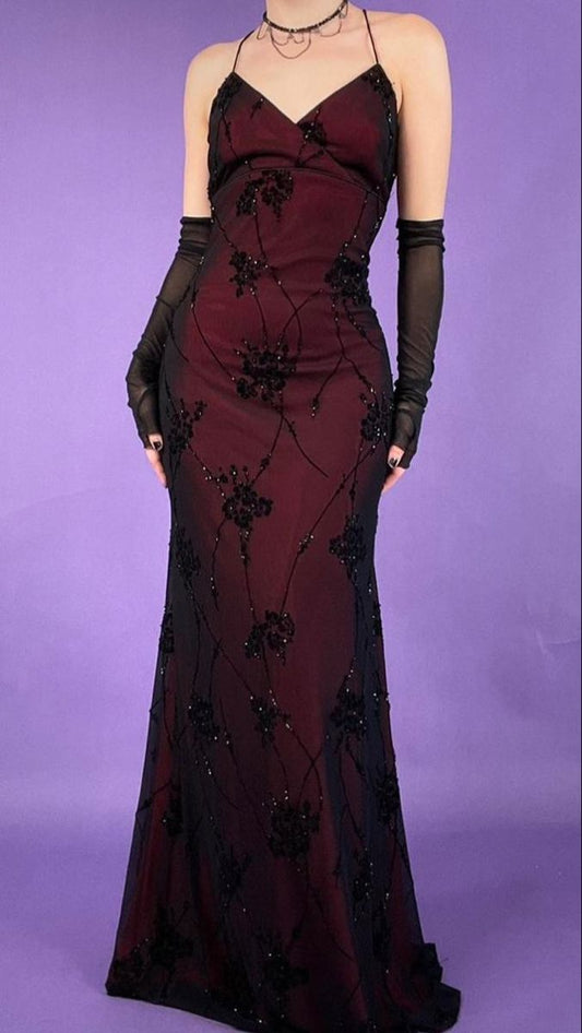 Vintage Prom Dresses Meerjungfrau Neckholder 1990er Ärmellos Burgund Schwarz Abend Festliches Kleid RB3023