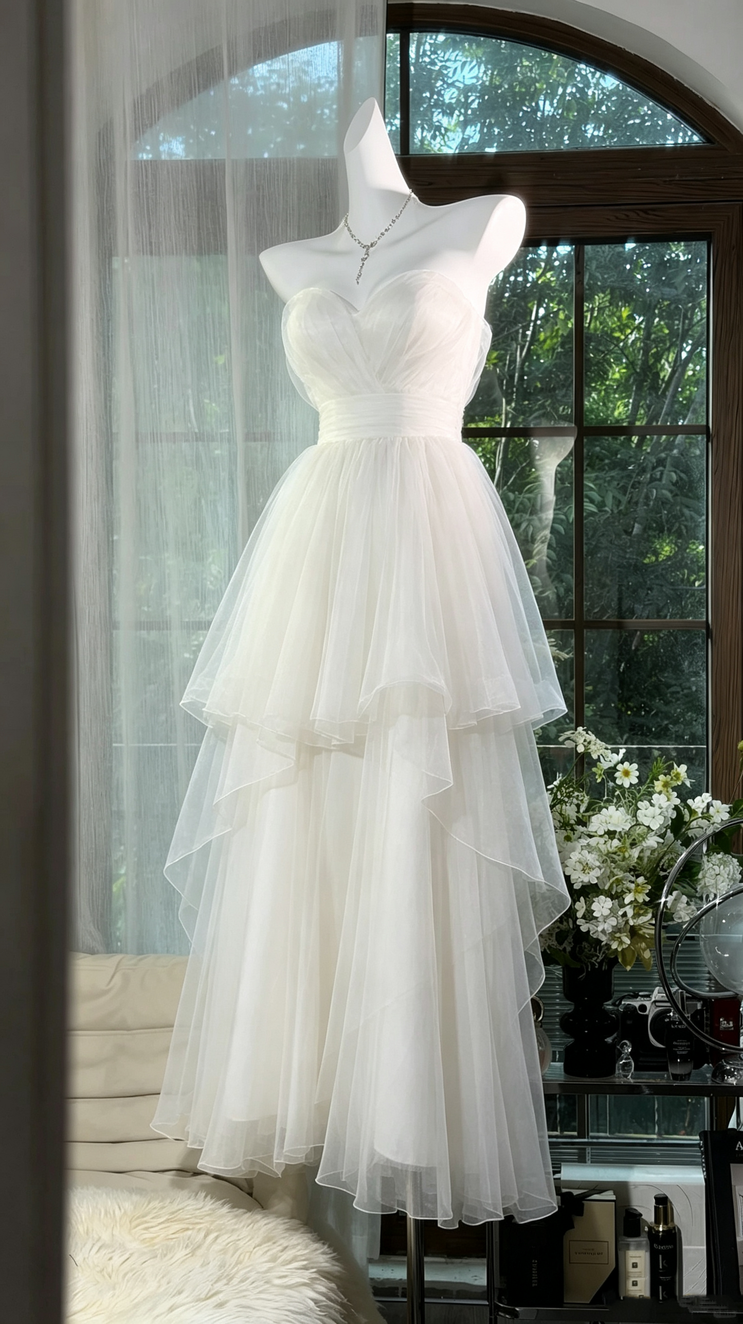 Flamboyant A line Sweetheart White Tulle Ruffled Bodice Date Night Evening Outfit Formal Prom Dresses RB5285