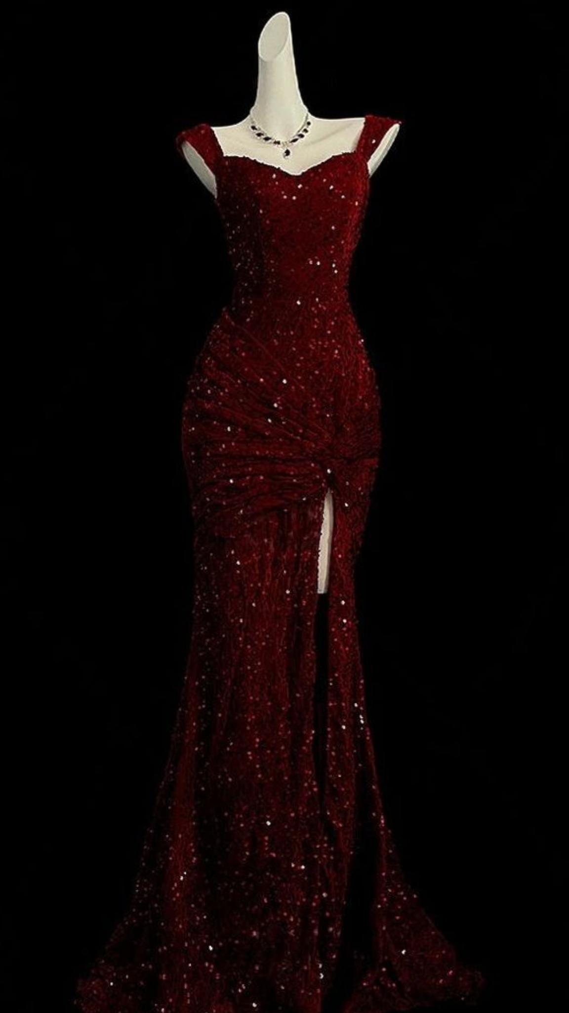 Chic Mermaid Burgundy Sequin With Slit Sleeveless Long Prom Dress Formal Dress Party Dresses RB7255