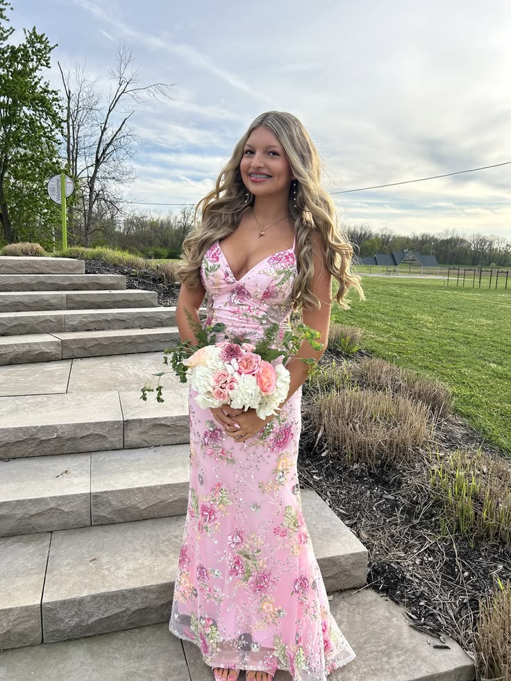 Sparkly Mermaid Pink Floral Halter Neck Backless Long Prom Dress Floor Length Formal Dress RC1304