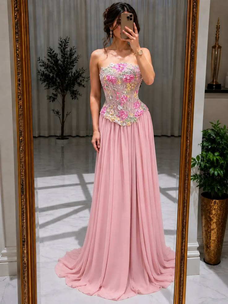 Dreamy Floral Corset Princess Gown | Fairytale Pink Prom Dress Long Floor Length Formal Dresses RC1307