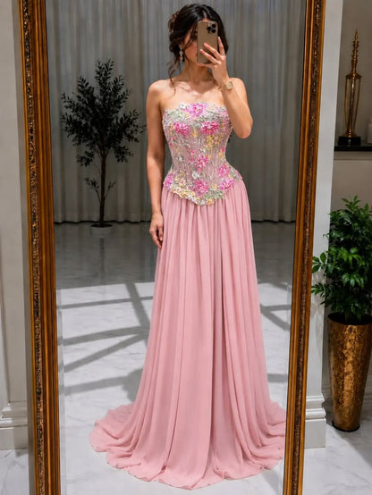 Dreamy Floral Corset Princess Gown | Fairytale Pink Prom Dress Long Floor Length Formal Dresses RC1307