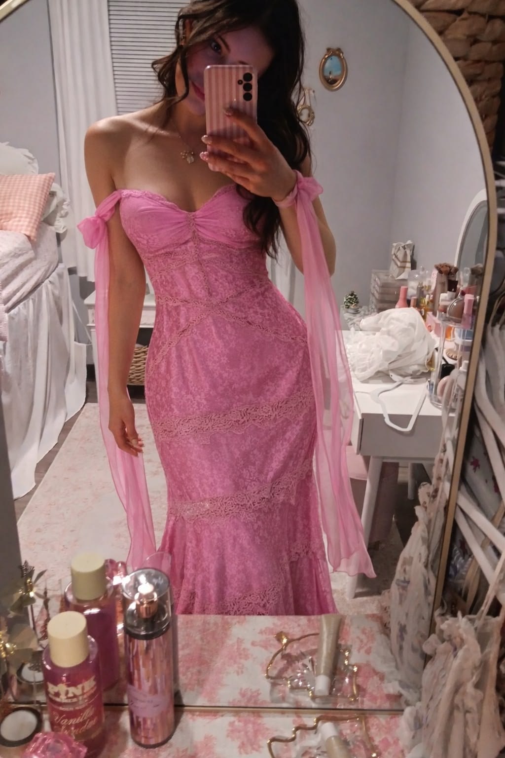Aesthetic Dress Mermaid Off The Shoulder Pink Short Sleeves Long Prom Floor Length Formal Dresses RC1305