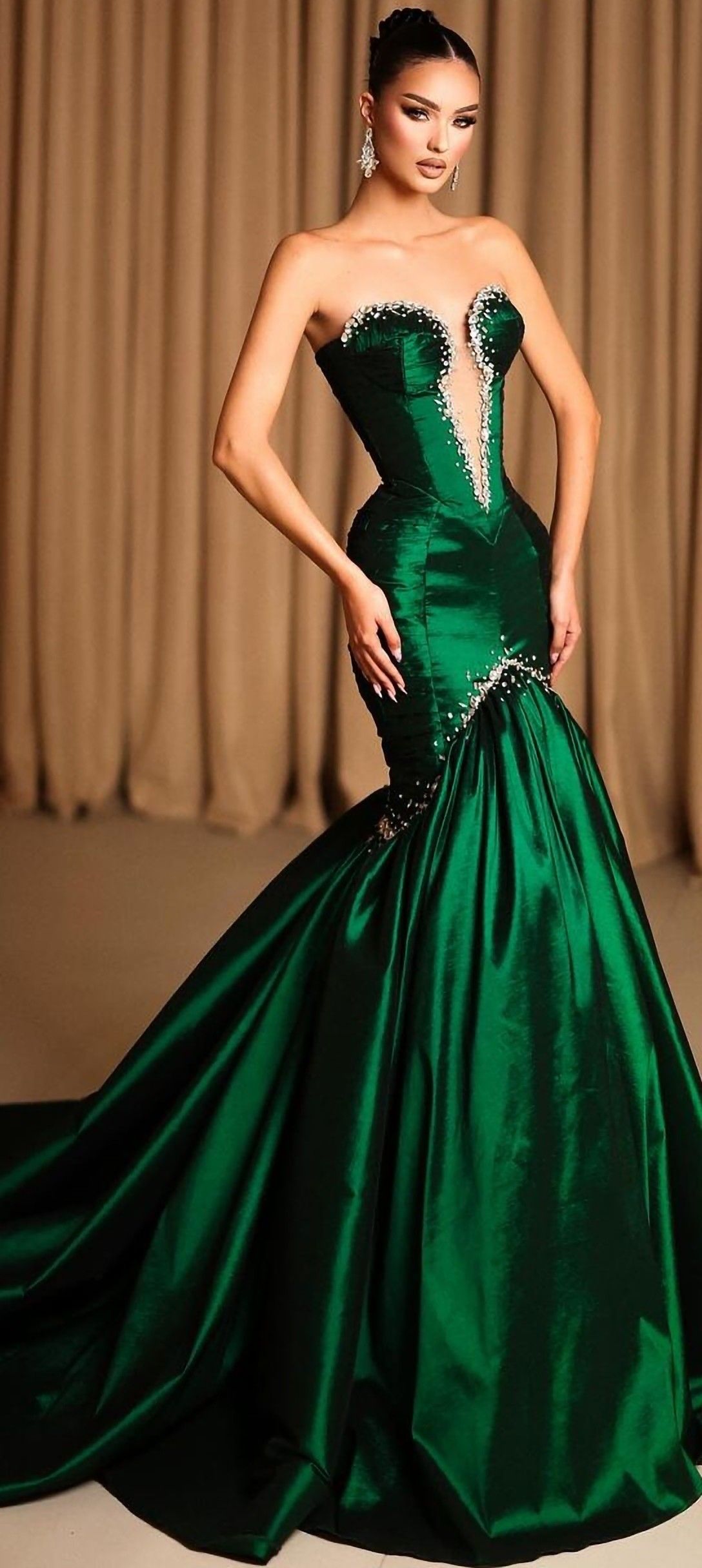 Elegantes Ballkleid: Meerjungfrauen-Kleid, trägerlos, dunkelgrün, Satin, langes, halbformelles Partykleid für Teenager und Schülerinnen (AB1972)