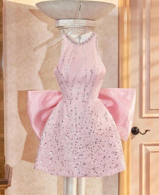 Cute Hoco Gown Homecoming Dresses A line Scoop Pink Sequined Wear 17th Birthday Party Outfits RB6421