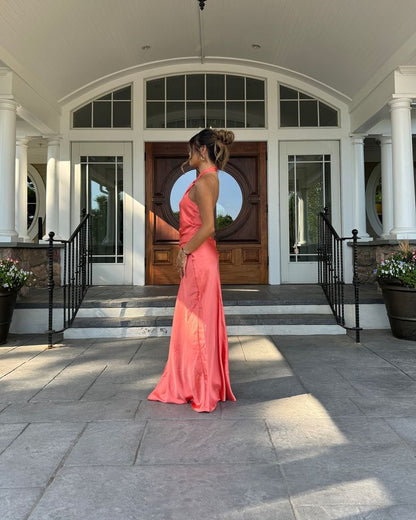 Simple Mermaid Halter Coral Satin With Slit Summer Spring Inspiration Long Wedding Guest Dress Birthday Outfits N1573