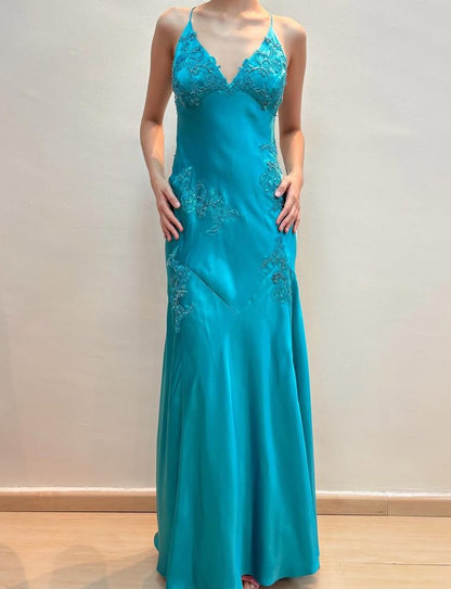 Robe de soirée sirène modeste à bretelles spaghetti, dos nu en dentelle raisin, satin, idéale pour le bal de fin d'année des lycéennes (N014)