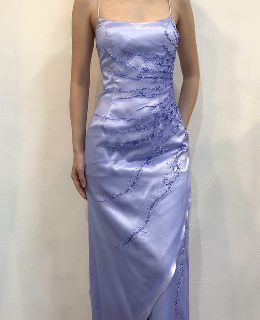 Vintage A-Linie Spaghettiträger Blau Satin Mit Perlenärmellos Formelles Kleid Abendkleid Ballkleider N2565