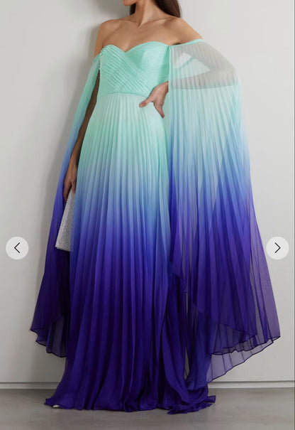 Elegantes, schulterfreies Chiffon-Abendkleid in A-Linien-Optik mit mehrfarbigem Farbverlauf in Grün und Blau, langes, formelles Abendkleid AB388