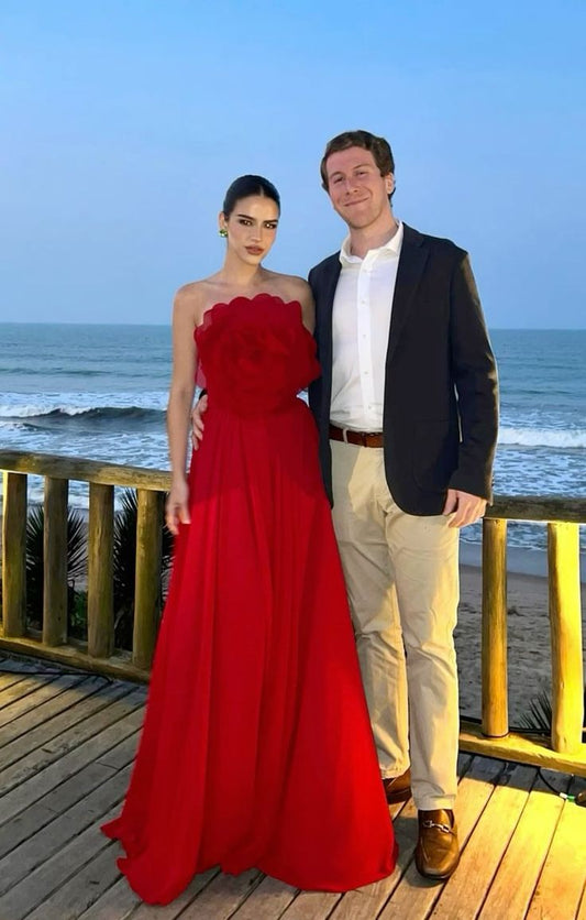 Sexy Ballkleid, trägerlos, roter Chiffon, langes, geblümtes Abendkleid, formelles Partykleid AB385