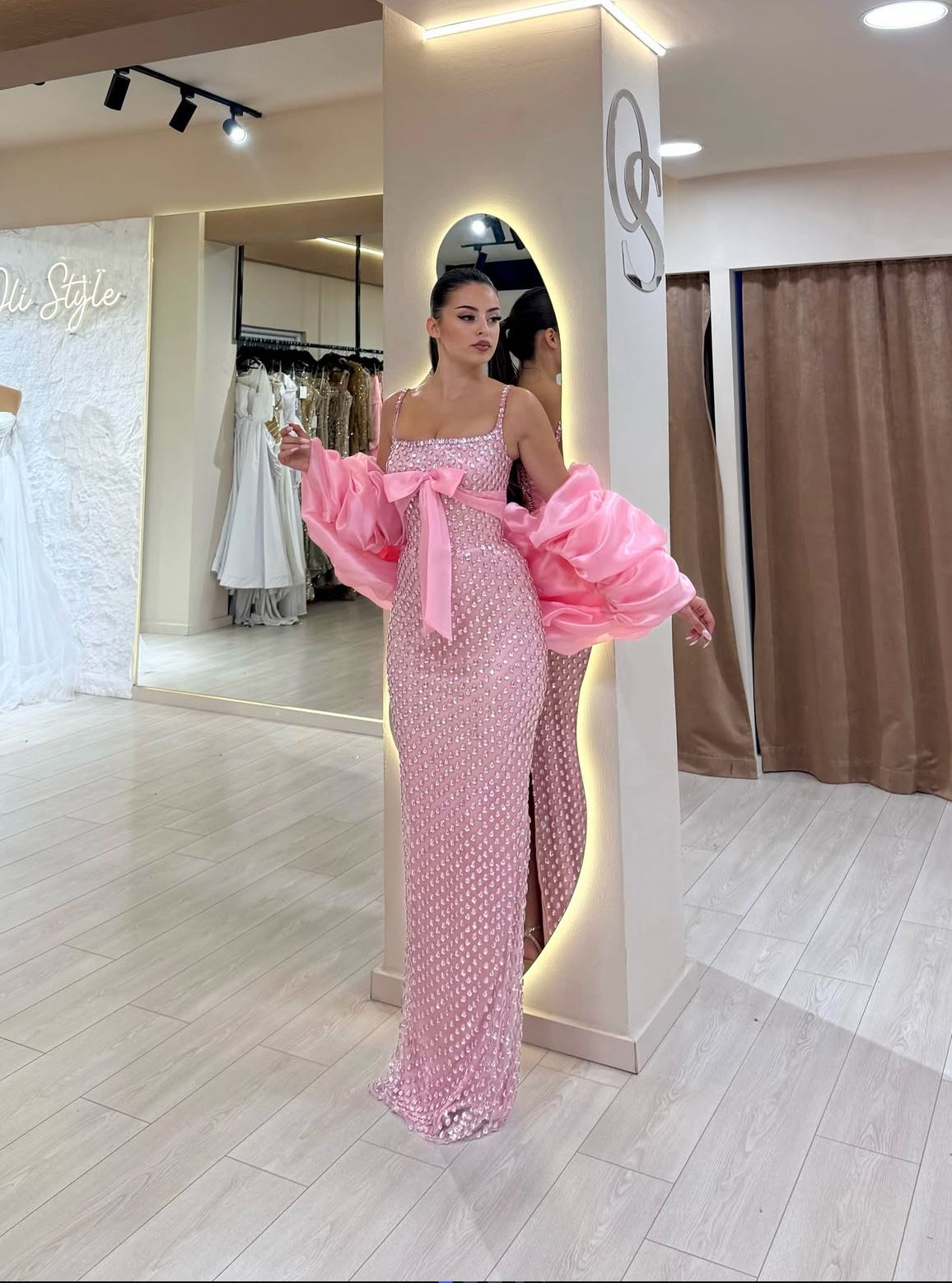 Robe de Soirée Modest Mermaid à Bretelles Fines Rose Pailletée avec Nœud, Tenue de Soirée, Bal, Rendez-vous, Fête AB2536