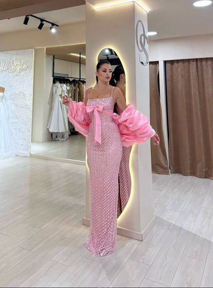 Robe de Soirée Modest Mermaid à Bretelles Fines Rose Pailletée avec Nœud, Tenue de Soirée, Bal, Rendez-vous, Fête AB2536