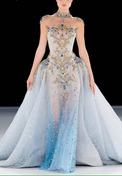 Elegantes, langes Meerjungfrauen-Abendkleid mit hohem Kragen aus blauem Tüll und goldenen Perlen – Inspiration für formelle Anlässe und Partys (AB1218)