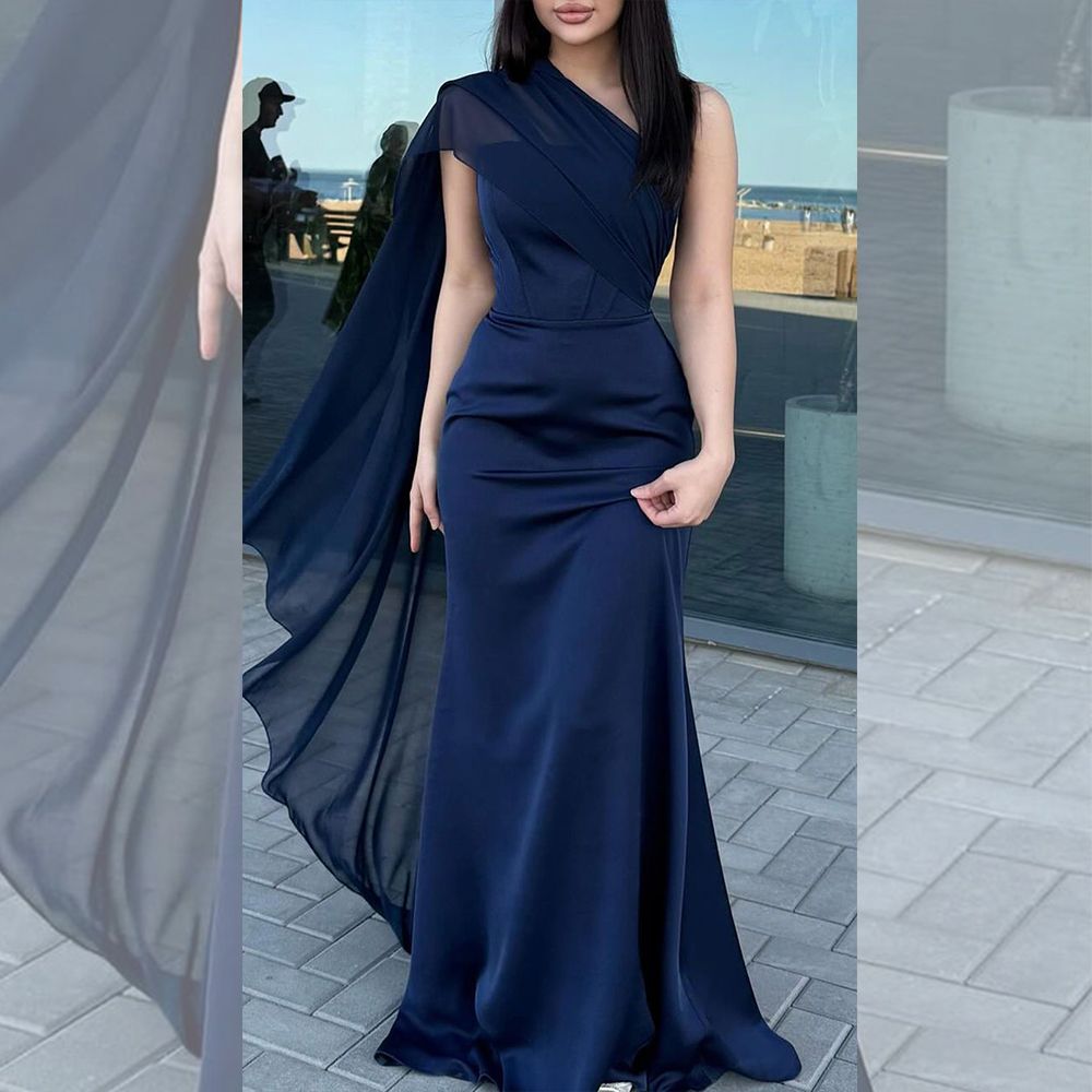 Robe sirène élégante bleu marine à une épaule et manches longues, idéale pour l'hiver, les soirées et les bals de promo. Modèle AB2036.