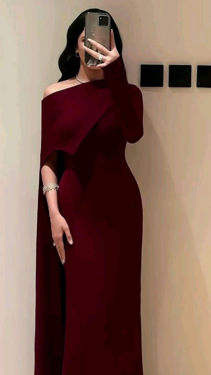 Elegantes Meerjungfrauenkleid in Burgunderrot mit One-Shoulder-Schulter und Ärmeln – langes, formelles Winterkleid für Abschlussball, Abendveranstaltung, Dinnerpartys und andere festliche Anlässe für Damen (AB2037)