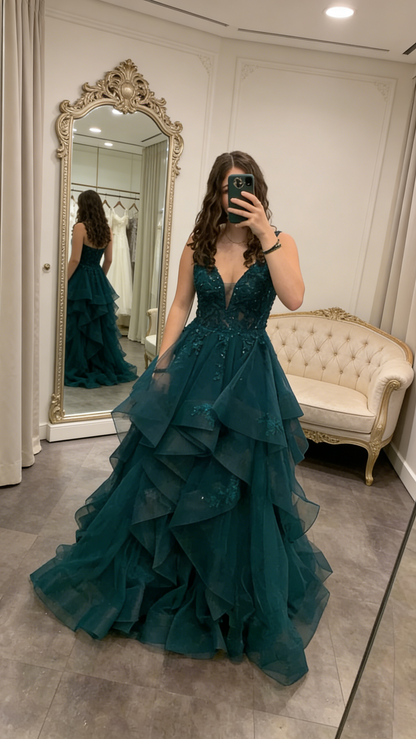 Elegantes Ballkleid mit V-Ausschnitt, dunkelgrünem Tüll und Applikationen, Abiballkleid, Partykleid, langes Abendkleid AB2153
