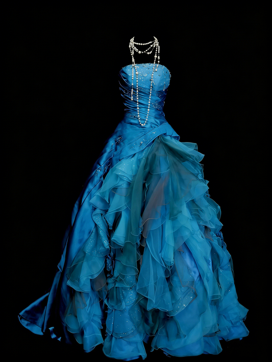 Vintage-Abendkleid im Stil der 80er Jahre, trägerlos, blauer Tüll, College-Stil, formelles Outfit für Teenager, Sweet-16-Party, langes Ballkleid für Teenager N1160