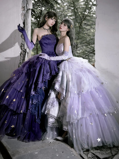 Princess High Low Strapless Purple Satin With Lace Prom Dresses Long Party Dress Grad Formal Evening Gowns AB2171