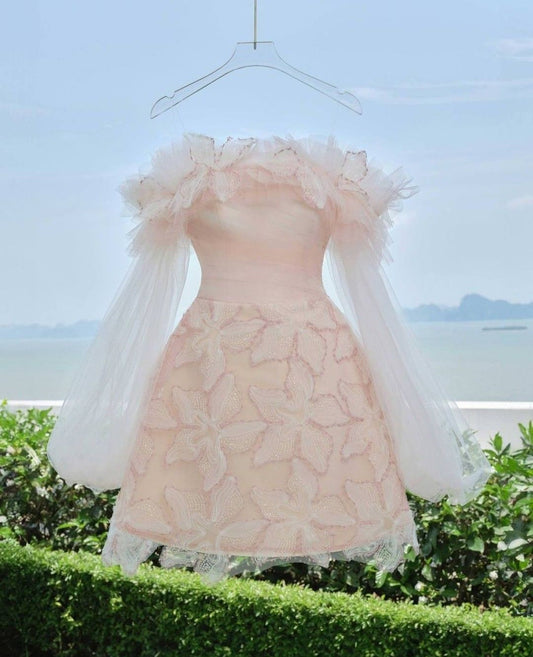 Simple A Line Off The Shoulder Pink Lace Short Birthday Outfits Homecoming Dress Party Dresses RB6424