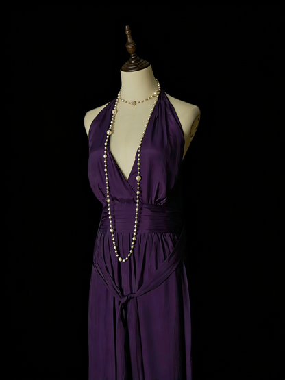 Robe de bal longue violette style années 80, coupe trapèze, col en V, pour lycéennes (N1330)