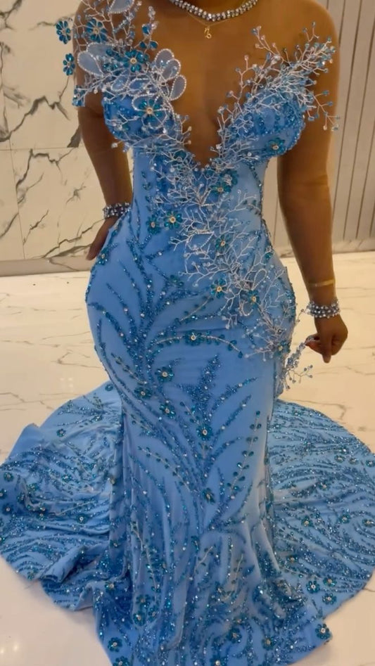 Extravagant Mermaid Sweetheart Blue Sequin With Beads Long Sleeves Long Prom Dresses Formal Outfits RB3844