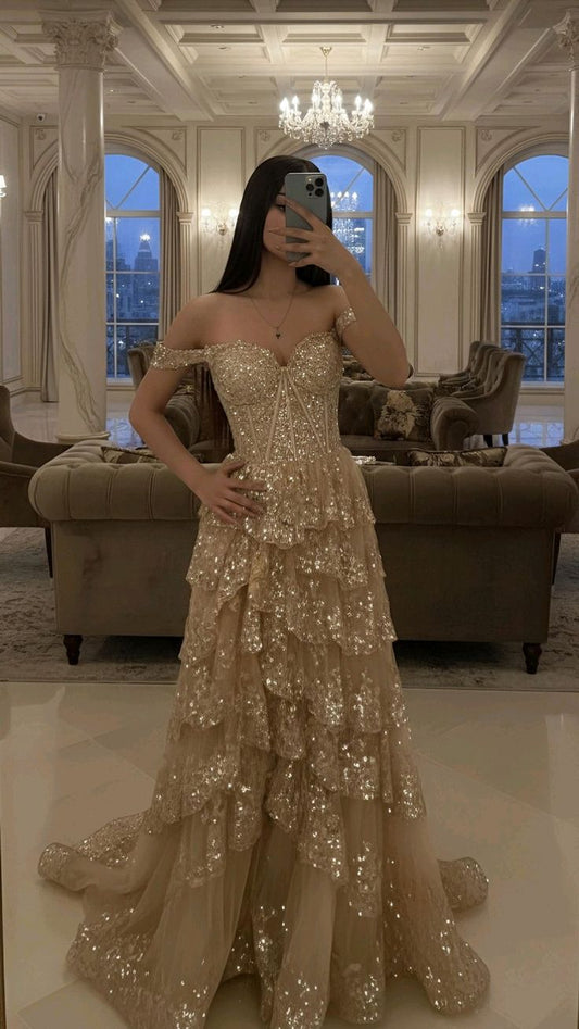 Elegantes A-Linien-Abendkleid für Damen, schulterfrei, mit Herzausschnitt, goldene Spitze, Partykleid N1543