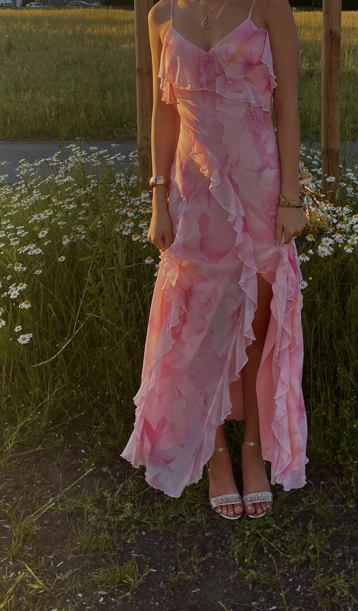 Robe longue sirène à fines bretelles, rose à fleurs, idéale pour l'été et le printemps, parfaite pour un mariage ou un anniversaire (N1564)