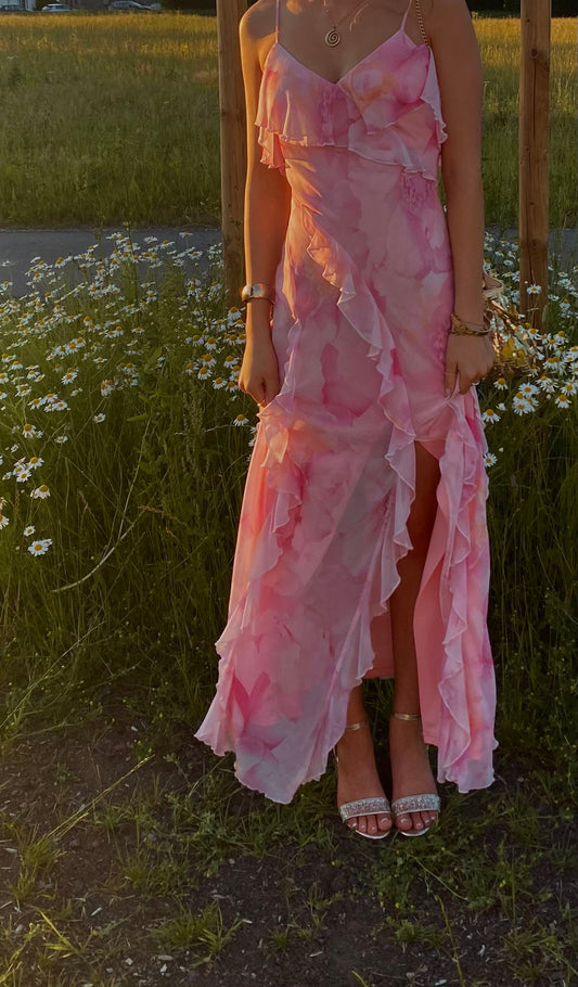 Robe longue sirène à fines bretelles, rose à fleurs, idéale pour l'été et le printemps, parfaite pour un mariage ou un anniversaire (N1564)
