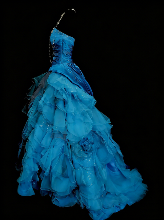 Vintage-Abendkleid im Stil der 80er Jahre, trägerlos, blauer Tüll, College-Stil, formelles Outfit für Teenager, Sweet-16-Party, langes Ballkleid für Teenager N1160