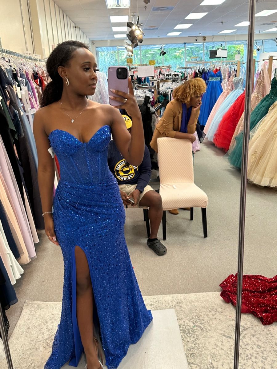 Modest Mermaid Sweetheart Royal Blue Sequin Black Women Prom Dresses With Slit Evening Party Formal Gown 18th Birthday Gowns AB788