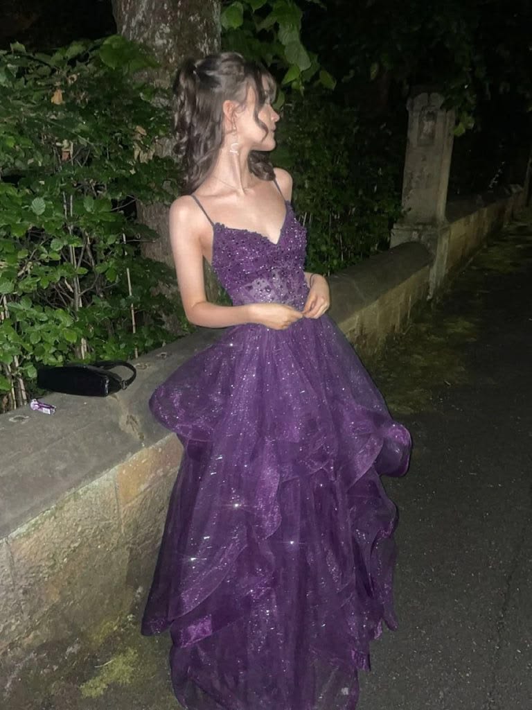 Robe de bal violette scintillante et élégante à sequins et perles, robe de soirée longue N1851