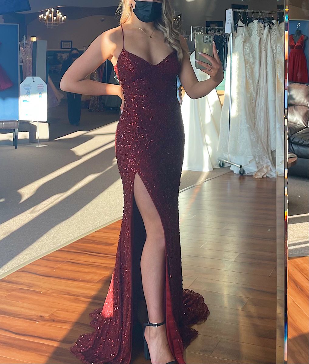 Elegantes Meerjungfrauen-Kleid mit Spaghettiträgern, burgunderroten Pailletten – Inspiration für formelle Abendkleider und lange Ballkleider für Damen und Mädchen AB1781