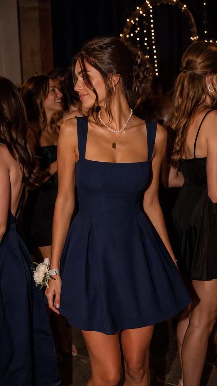 Cute Homecoming Outfit Ideas Mini Dress | Navy Blue Square Neck Fit and Flare High School Ideas Inspo Senior Graduation Outfits RB7246