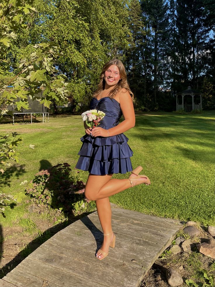 Cute Homecoming Outfit Ideas Mini Dress | Navy Blue Sweetheart Fit and Flare High School Ideas Inspo Senior Graduation Outfits RB7247