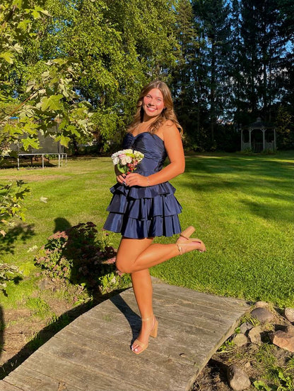 Cute Homecoming Outfit Ideas Mini Dress | Navy Blue Sweetheart Fit and Flare High School Ideas Inspo Senior Graduation Outfits RB7247