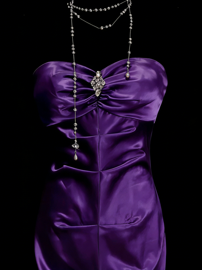 Robe de bal longue de soirée vintage sirène, décolleté cœur, en satin raisin, sans manches, années 80, N1450