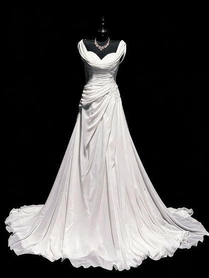 Robe de mariée vintage sirène bustier cœur en mousseline blanche froncée et dentelle, longue robe de mariée cintrée N1207