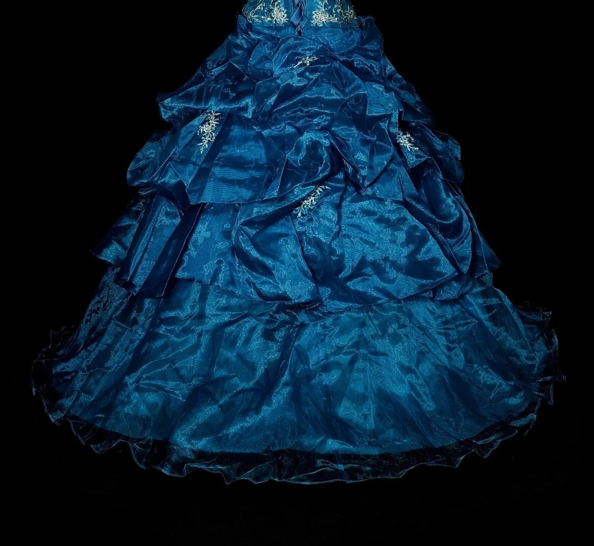 Robe de bal vintage en organza bleu à volants, bustier cœur, idéale pour les 16 ans (Quinceañera), longueur 15 pouces (réf. N1462)
