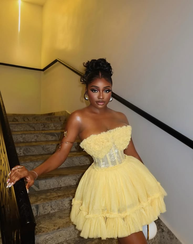 Sexy Homecoming Dresses Outfit inspo Ball Gown Strapless Yellow Hoco Dress Birthday Cocktail Outfits RB9197