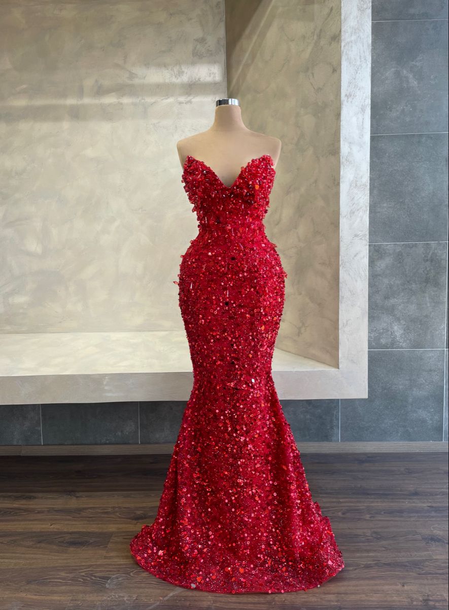 Glitzerndes Meerjungfrauen-Kleid mit rotem Paillettenbesatz für Damen – langes, formelles Ballkleid zum 22. Geburtstag AB1311