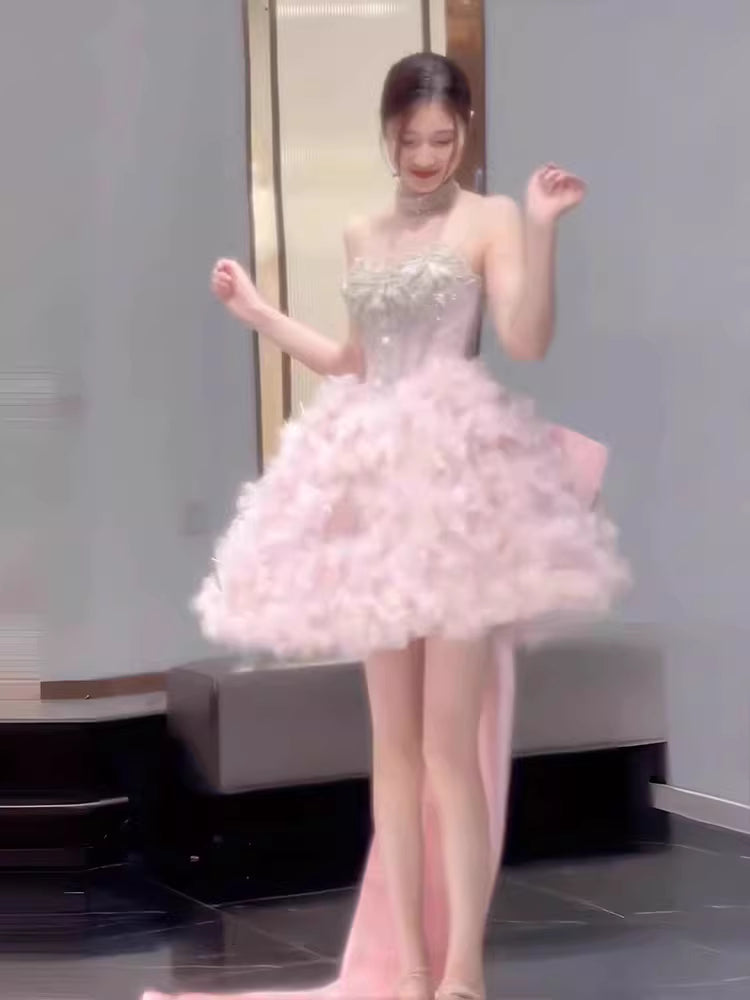 Robe de bal courte en tulle rose sans bretelles, idéale pour un 16e anniversaire, une soirée de retrouvailles ou un cocktail (AB2227)